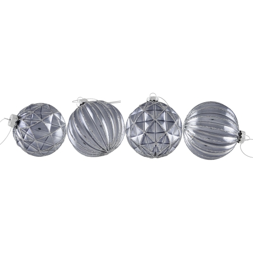 Geometric Glittered Shiny Glass Ball Christmas Ornaments - 3" - Pewter - 4ct