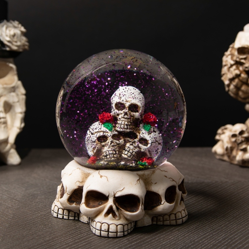 LED Lighted Skulls and Roses Halloween Snow Globe with Sound - 6"