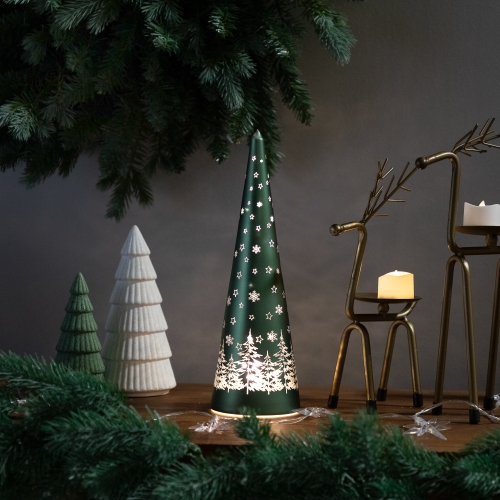 NORTHLIGHT  Led Lighted Snowy Forest Glass Christmas Cone Tree Decoration - 11.5"