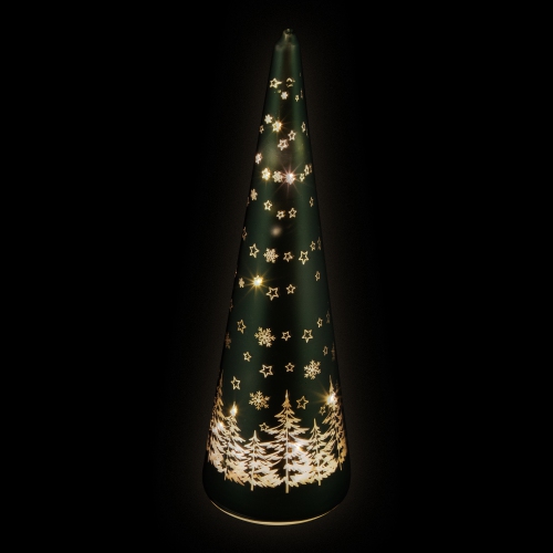 LED Lighted Snowy Forest Glass Christmas Cone Tree Decoration - 11.5"