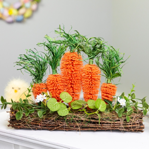 Image 1 of 6.. Standing Carrots on Floral Foliage Twig Log Easter Decoration - 2"