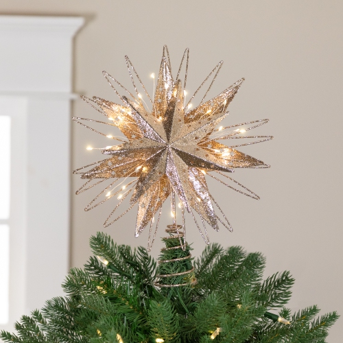 Image 1 de 6.. Surmontoir d'arbre de Noël scintillant avec étoiles illuminées de LED - 13&nbsp;po - Champagne doré - Lumières blanches