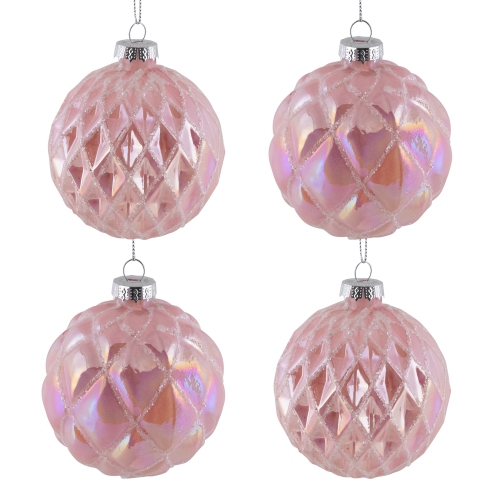 Glittered Geometric Iridescent Glass Ball Christmas Ornaments - 3" - Pink - 4ct