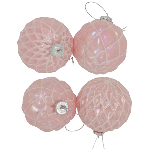 Glittered Geometric Iridescent Glass Ball Christmas Ornaments - 3" - Pink - 4ct