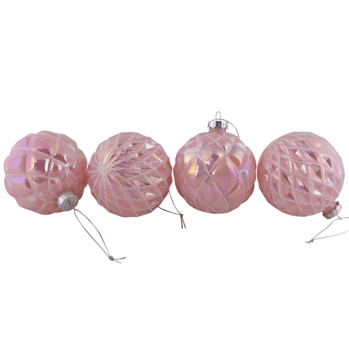Glittered Geometric Iridescent Glass Ball Christmas Ornaments - 3" - Pink - 4ct