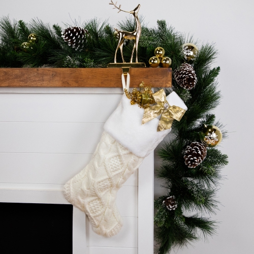 Cable Knit Christmas Stocking with Faux Fur Cuff - 20.5" - Cream and White