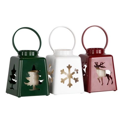 LED Lighted Tree, Snowflake and Reindeer Christmas Candle Lanterns - 8" - Set of 3