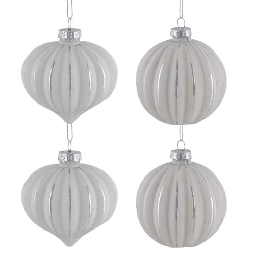 Striped Ball and Onion Glass Christmas Ornaments - 3" - White and Silver - 4ct