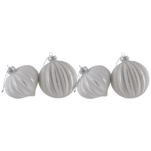 Striped Ball and Onion Glass Christmas Ornaments - 3" - White and Silver - 4ct