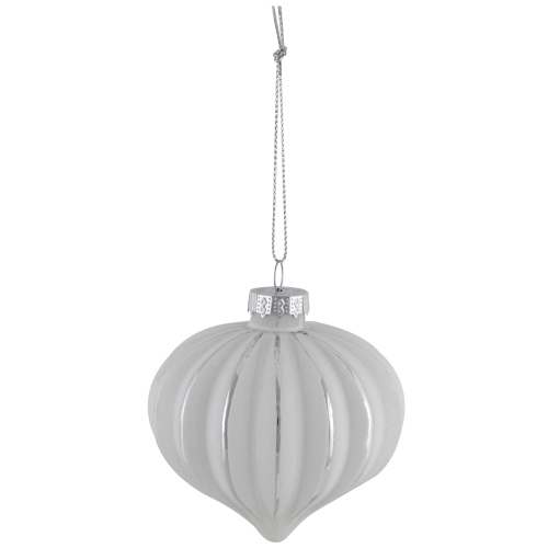 Striped Ball and Onion Glass Christmas Ornaments - 3" - White and Silver - 4ct