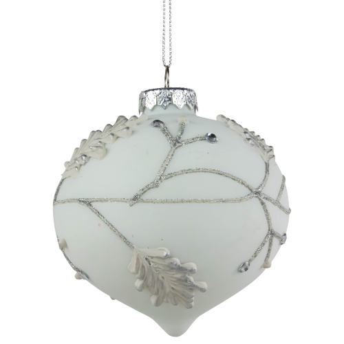White and Silver Leaves Glass Onion Christmas Ornament - 3.5"
