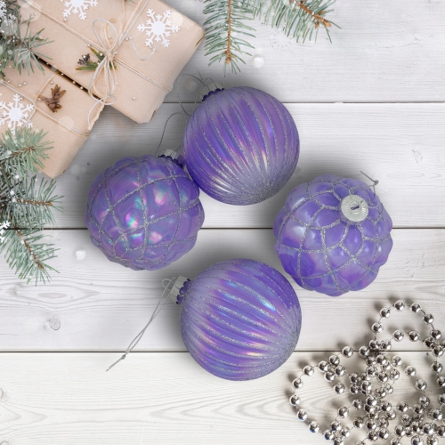 Shiny Glittered Iridescent Glass Ball Christmas Ornaments - 3" - Purple - 4ct