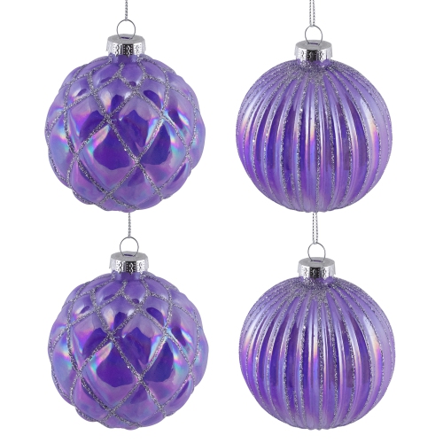 Shiny Glittered Iridescent Glass Ball Christmas Ornaments - 3" - Purple - 4ct