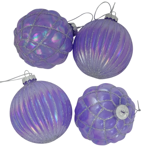 Shiny Glittered Iridescent Glass Ball Christmas Ornaments - 3" - Purple - 4ct