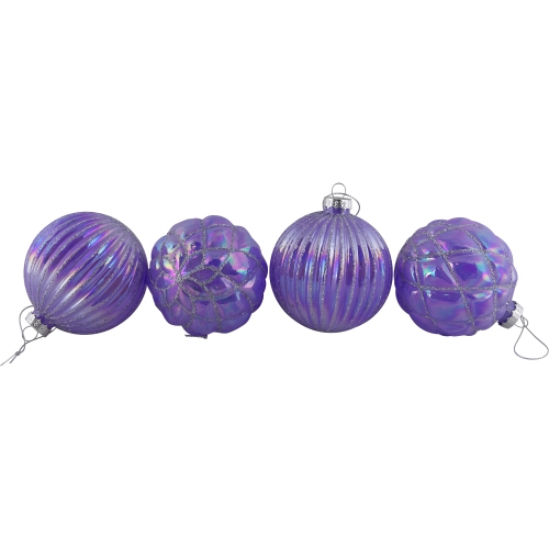 Shiny Glittered Iridescent Glass Ball Christmas Ornaments - 3" - Purple - 4ct