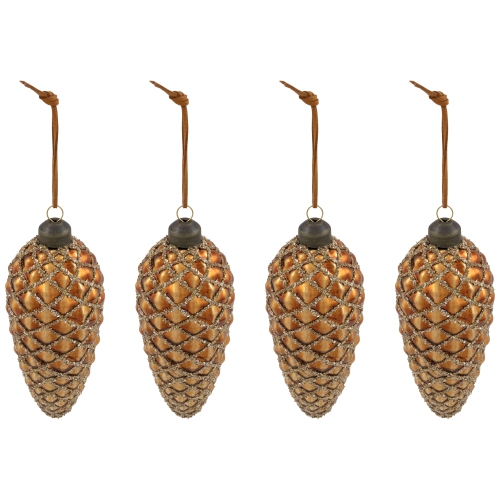 Glittered Pine Cone Glass Christmas Ornaments - 5" - Brown - 4ct