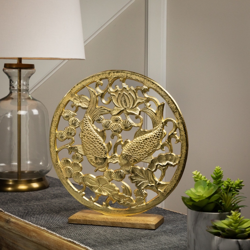 NORTHLIGHT  Koi Fish With Lotus Flower Sculpture With Wooden Base - 13.5"