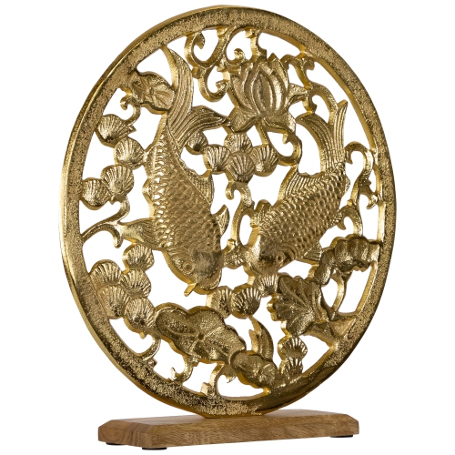 Koi Fish with Lotus Flower Sculpture with Wooden Base - 13.5"