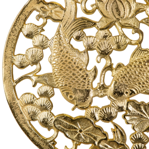 Koi Fish with Lotus Flower Sculpture with Wooden Base - 13.5"