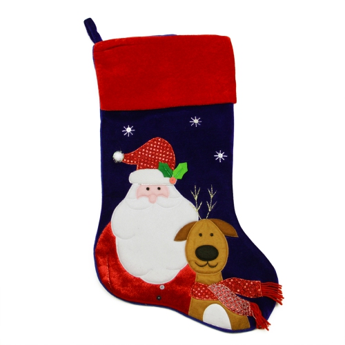 24" Large Dark Blue Velveteen Santa Claus and Reindeer Christmas Stocking with Red Cuff