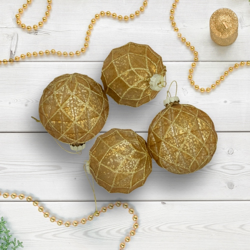 Geometric Glittered Mercury Glass Ball Christmas Ornaments - 3" - Gold - 4ct