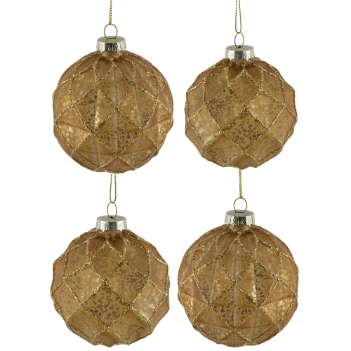 Geometric Glittered Mercury Glass Ball Christmas Ornaments - 3" - Gold - 4ct