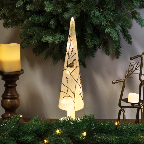 NORTHLIGHT  Led Lighted Birds On Branches Frosted Glass Cone Christmas Treedecoration - 16"