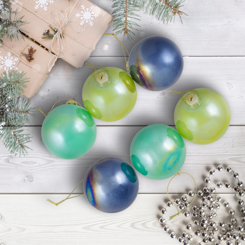 Shiny Glass Ball Christmas Ornaments - 3" - Blue, Green and Teal - 6ct