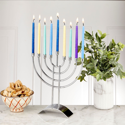 Traditional Steel Hanukkah Menorah - 8.75" - Silver Finish