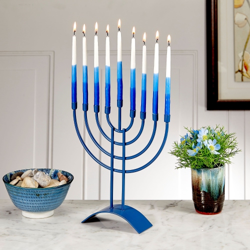 Traditional Steel Hanukkah Menorah - 8.75" - Slate Blue Finish