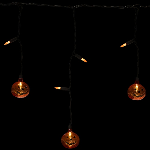 LED Lighted Pumpkin Halloween Curtain Icicle Lights - Orange - 5.25' Black Wire - 25ct