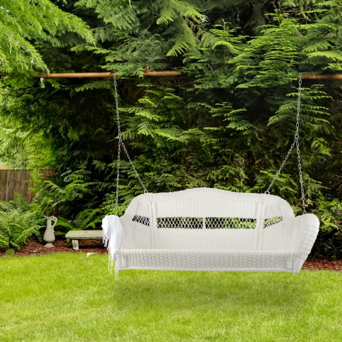 Hanging Hand Woven Resin Wicker 2-Person Porch Swing with Chain - White Porch Swing with Chain - White