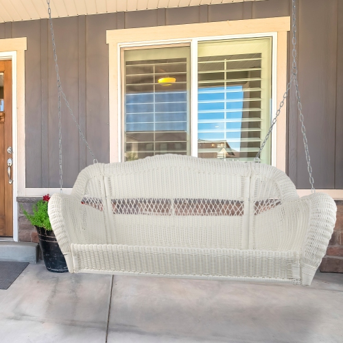 Hanging Hand Woven Resin Wicker 2-Person Porch Swing with Chain - White Porch Swing with Chain - White