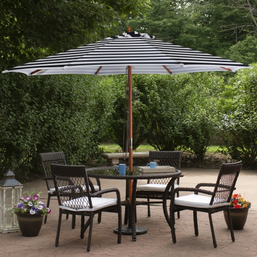 Striped Outdoor Patio Market Umbrella with Wooden Pole - 8.5' - Blue and White