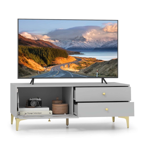 Costway Modern TV Stand for 55" TVs with Drop Down Door Cabinet 2 Storage Drawers Gray