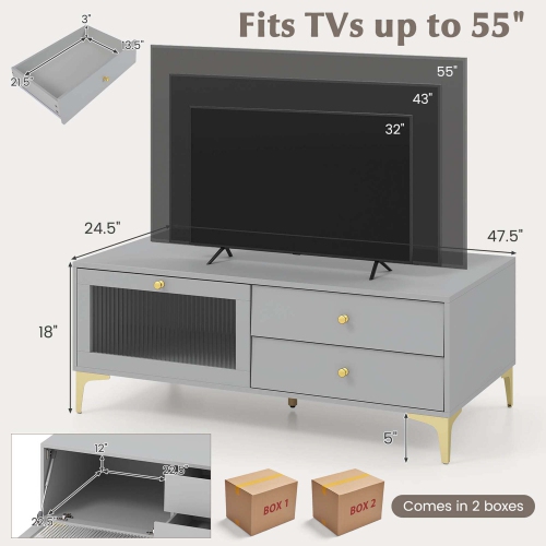Costway Modern TV Stand for 55" TVs with Drop Down Door Cabinet 2 Storage Drawers Gray