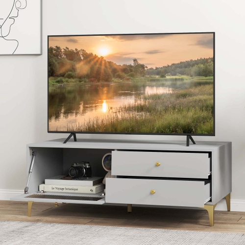 Costway Modern TV Stand for 55" TVs with Drop Down Door Cabinet 2 Storage Drawers Gray