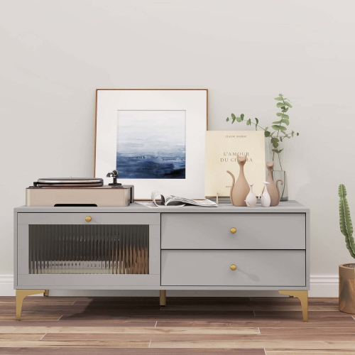 Costway Modern TV Stand for 55" TVs with Drop Down Door Cabinet 2 Storage Drawers Gray