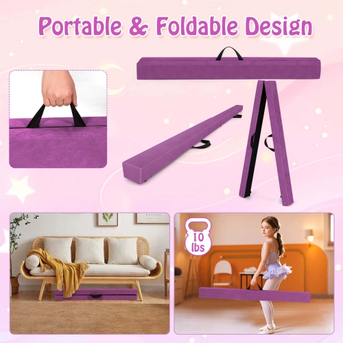 Costway 8 FT Folding Gymnastic Beam with Anti-slip Base Pine Wood Frame Carrying Handle