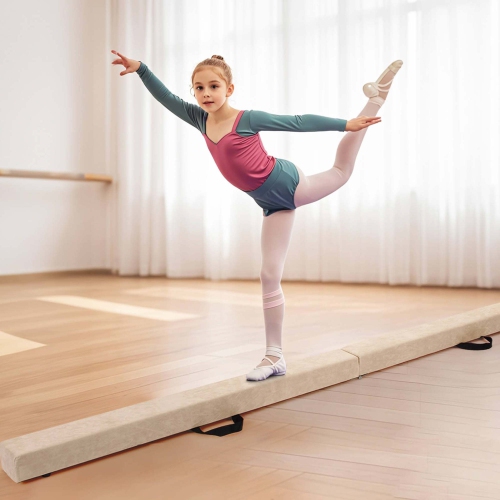 Costway 8 FT Folding Gymnastic Beam with Anti-slip Base Pine Wood Frame Carrying Handle