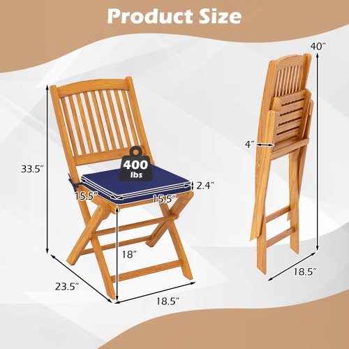 Costway Outdoor Folding Chairs Set of 2 Acacia Wood High-Back Chair with Seat Cushions
