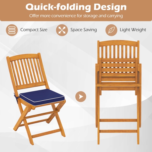 Costway Outdoor Folding Chairs Set of 2 Acacia Wood High-Back Chair with Seat Cushions