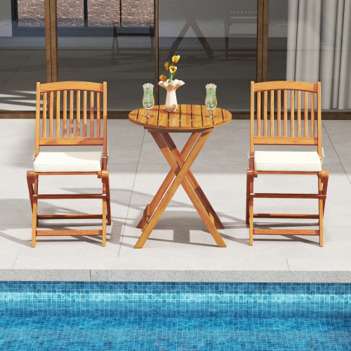 Costway Outdoor Folding Chairs Set of 2 Acacia Wood High-Back Chair with Seat Cushions