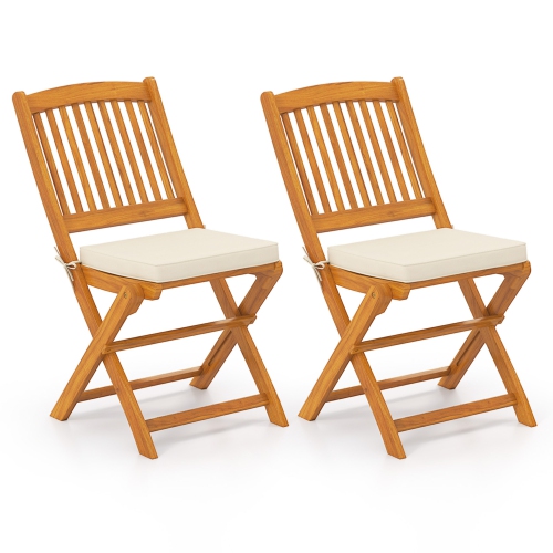 Costway Outdoor Folding Chairs Set of 2 Acacia Wood High-Back Chair with Seat Cushions