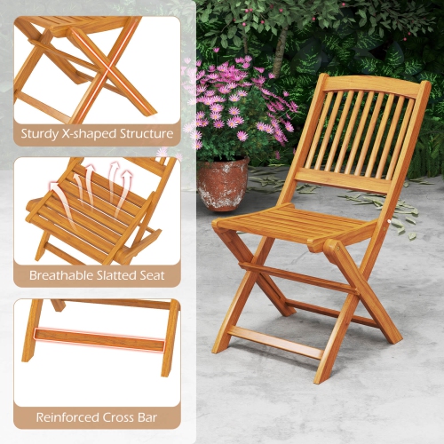 Costway Outdoor Folding Chairs Set of 2 Acacia Wood High-Back Chair with Seat Cushions