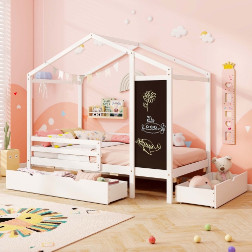 Costway Twin House Bed with 2 Storage Drawers Solid Wood Platform Bed with Blackboard