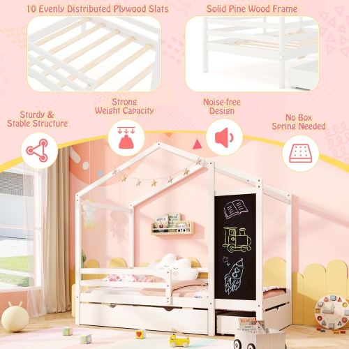 Costway Twin House Bed with 2 Storage Drawers Solid Wood Platform Bed with Blackboard