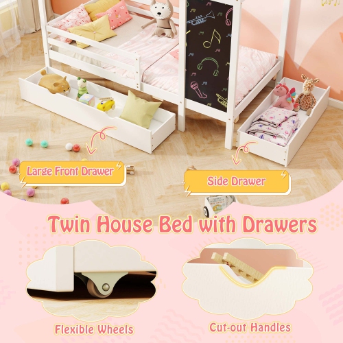 Costway Twin House Bed with 2 Storage Drawers Solid Wood Platform Bed with Blackboard