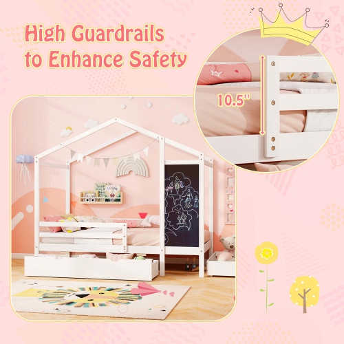 Costway Twin House Bed with 2 Storage Drawers Solid Wood Platform Bed with Blackboard