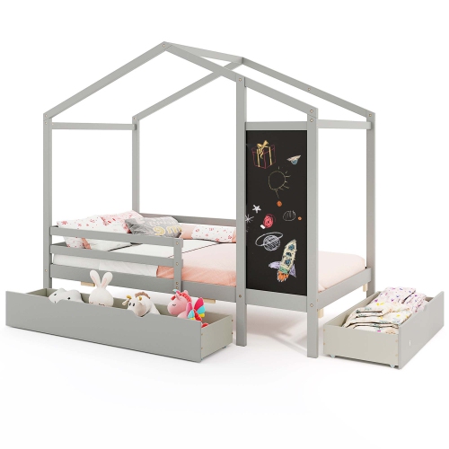 Costway Twin House Bed with 2 Storage Drawers Solid Wood Platform Bed with Blackboard